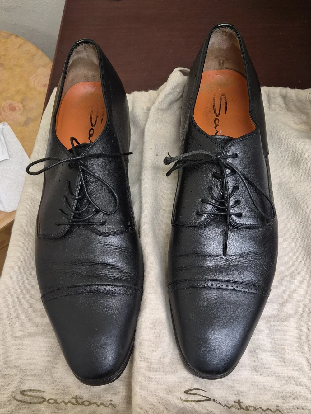 Santoni Black Leather Cap-Toe Derby Dress Shoes Size 9